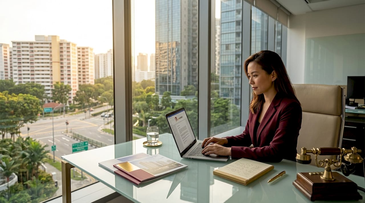 Property agent working at glass desk Singapore city view