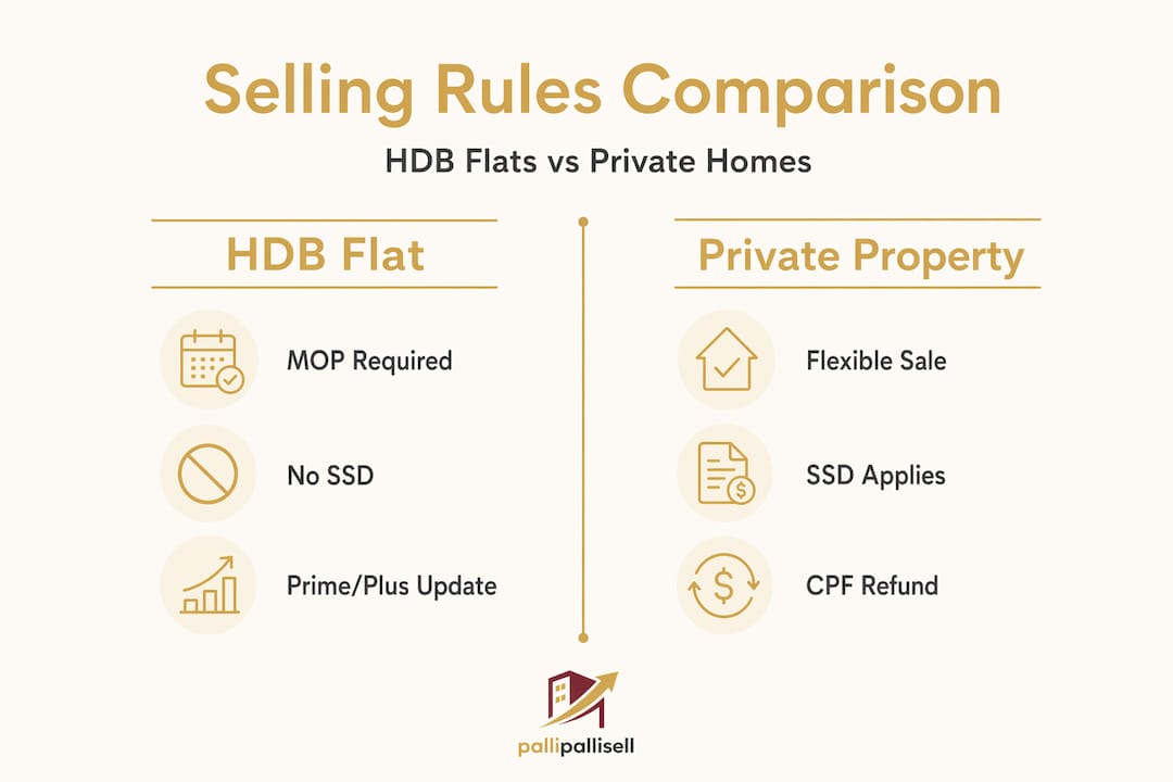 Infographic comparing HDB and private selling rules