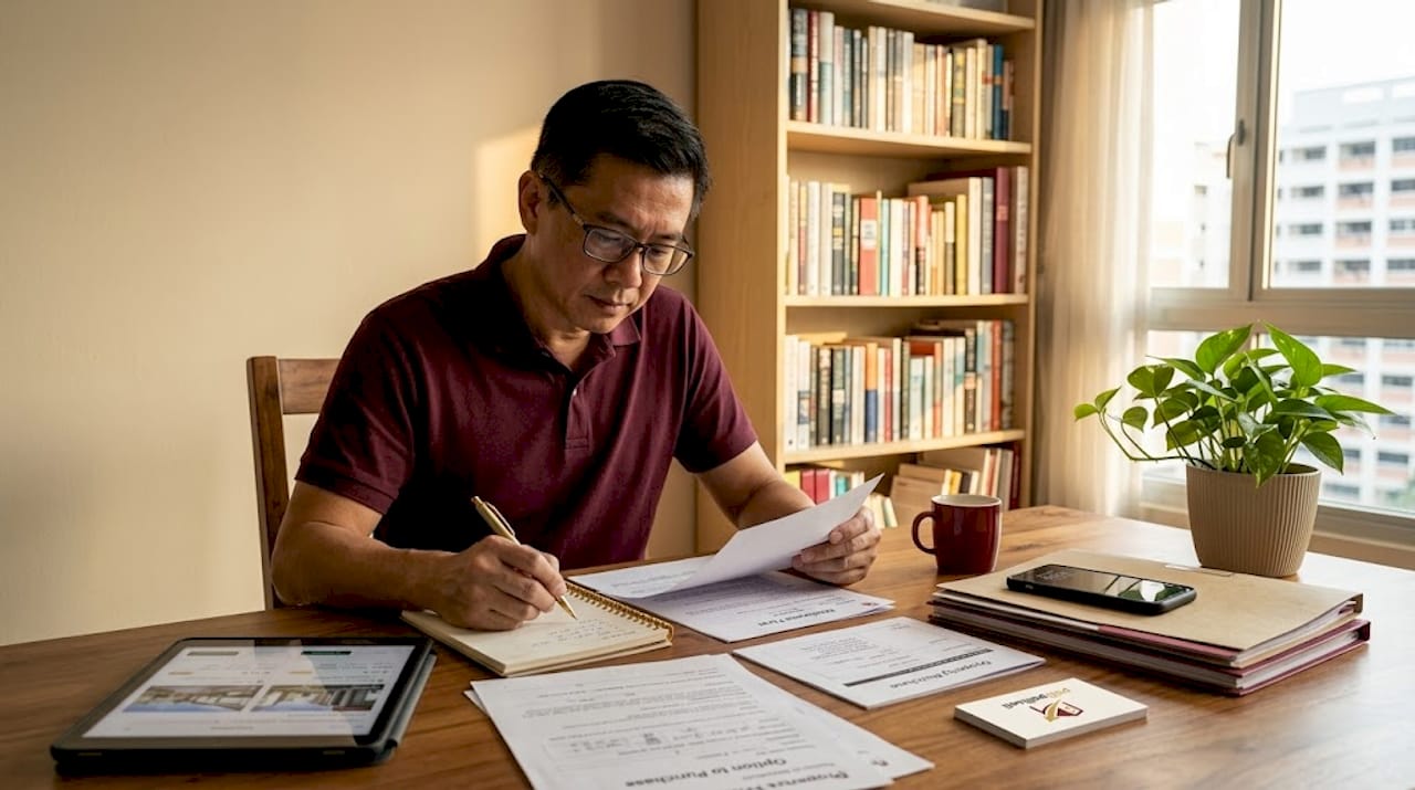Homeowner reviewing property documents at table