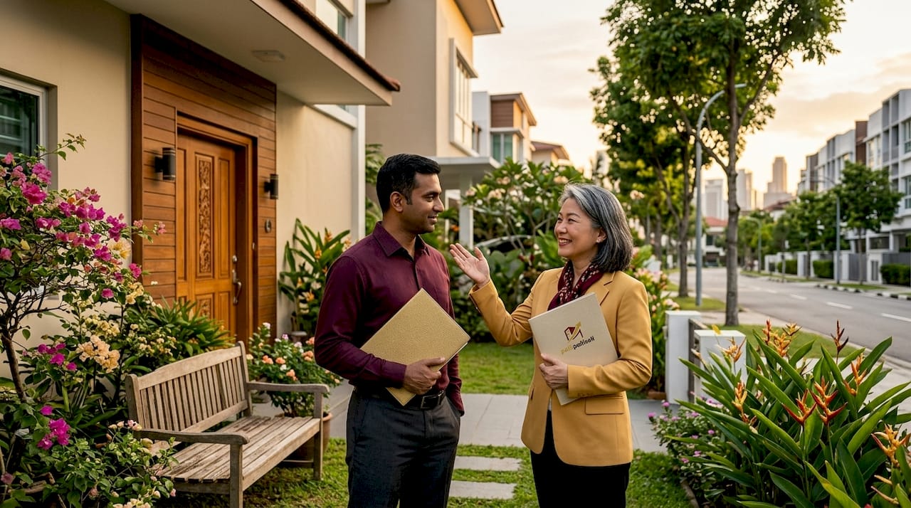Owner talking with buyer outside terrace house