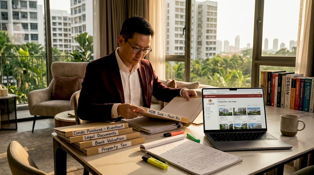 Seller sorting property documents at table