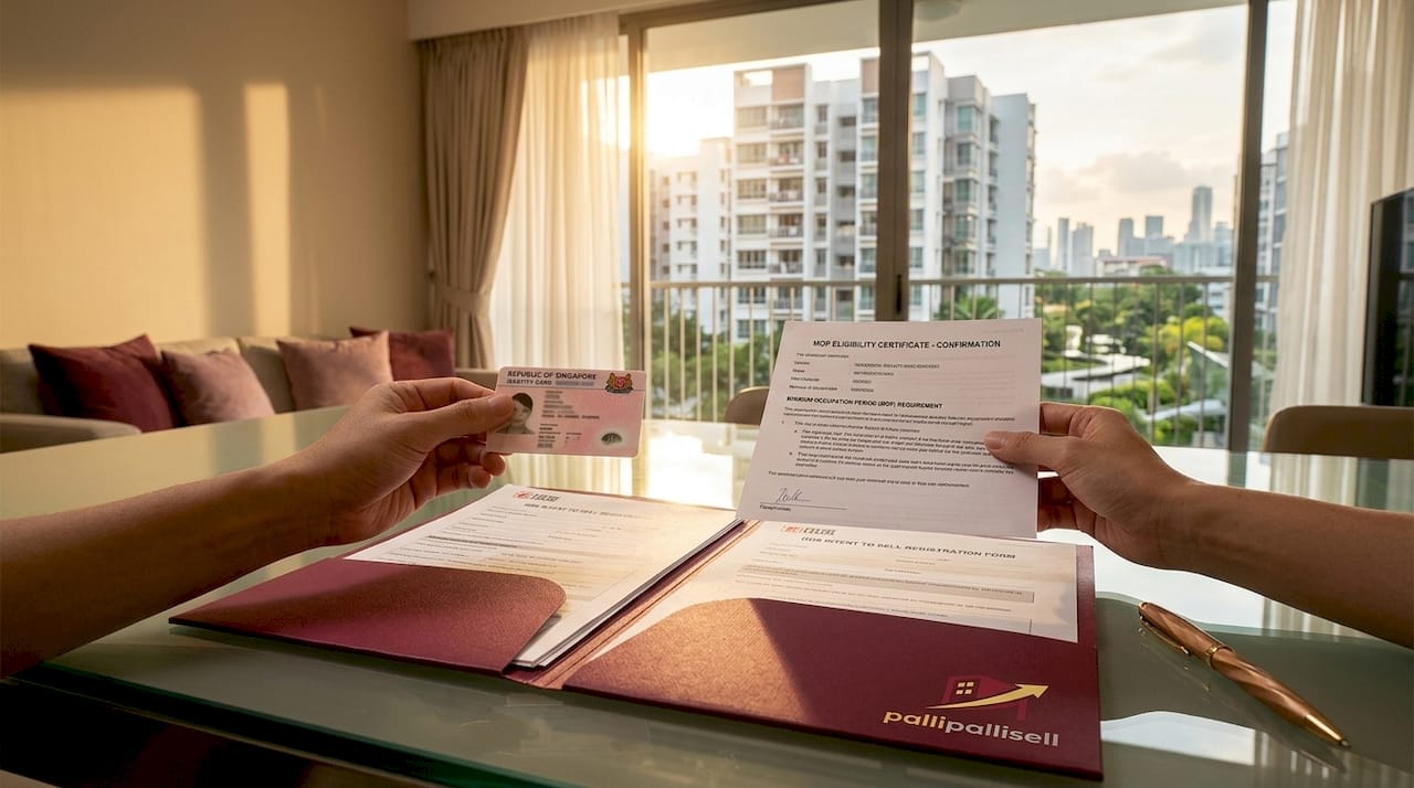 Hands verifying HDB sale eligibility documents