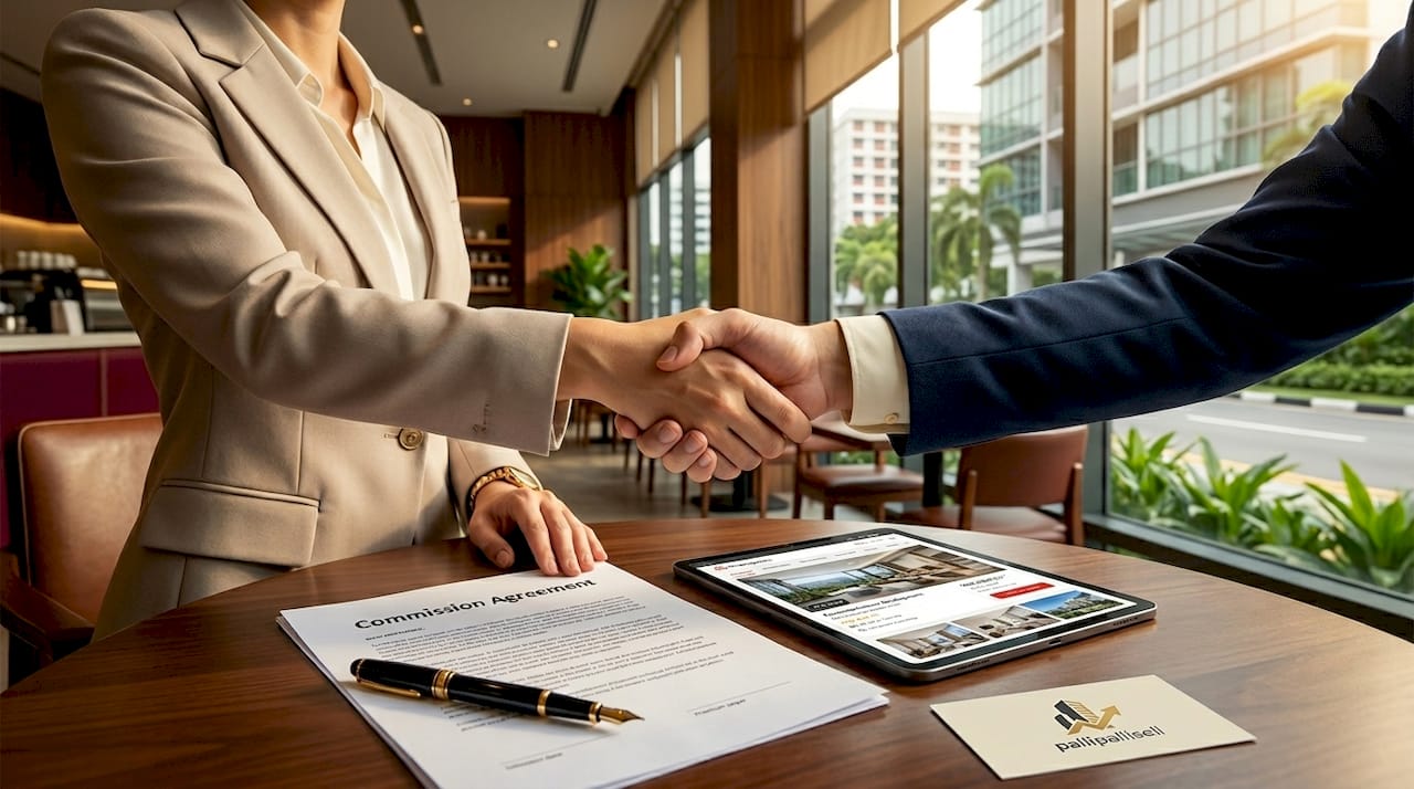 Signing property commission agreement with handshake