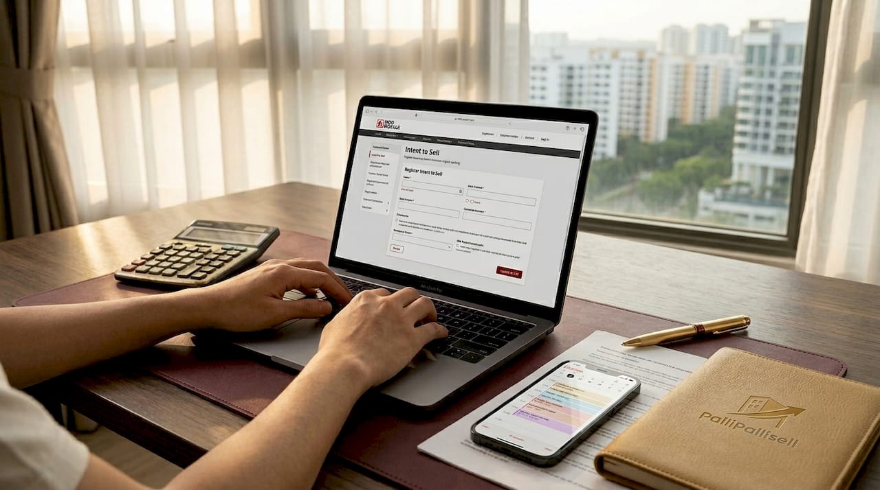 Hands typing on laptop at home office desk using HDB portal