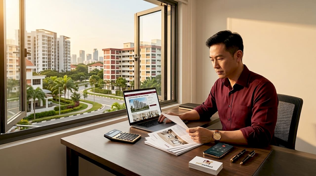 HDB agent handling sale documents at desk