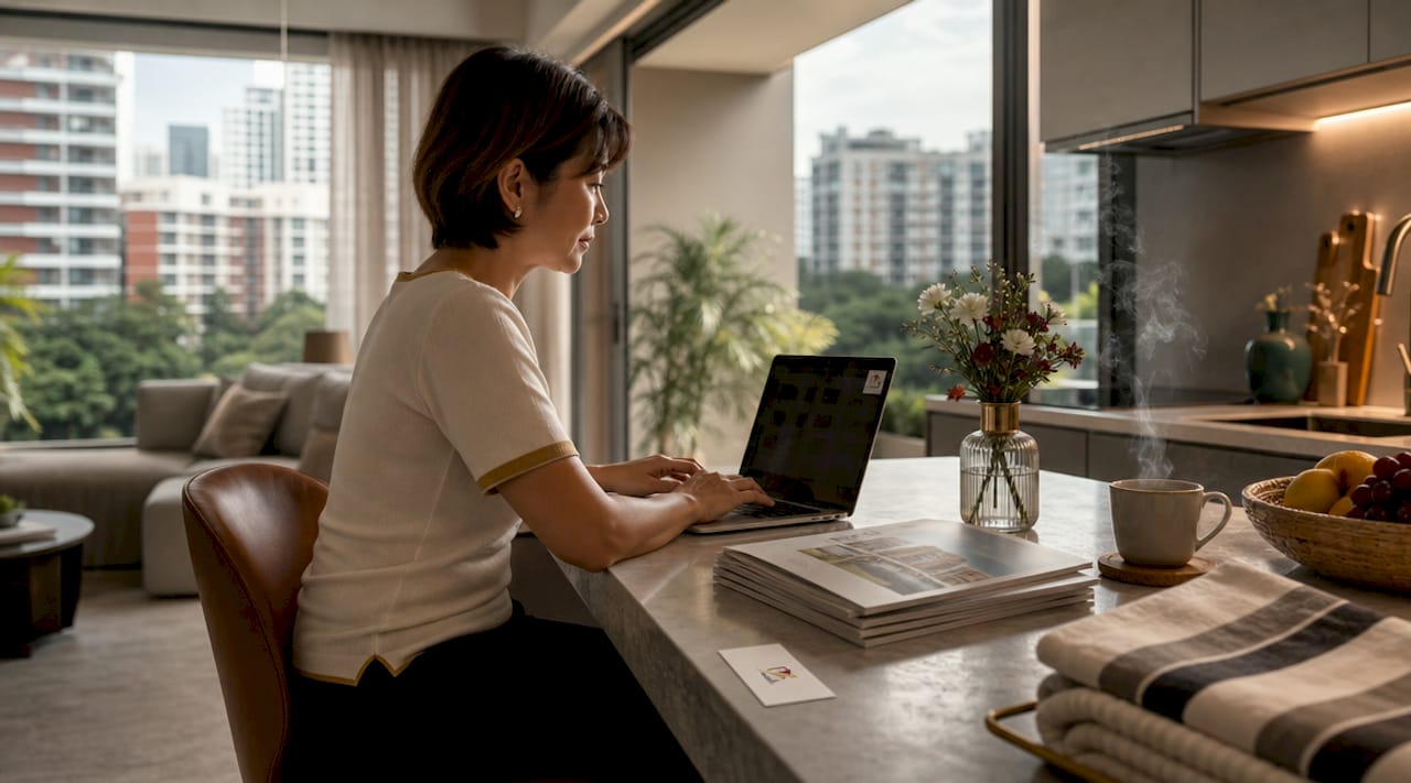 Woman listing HDB flat online at home