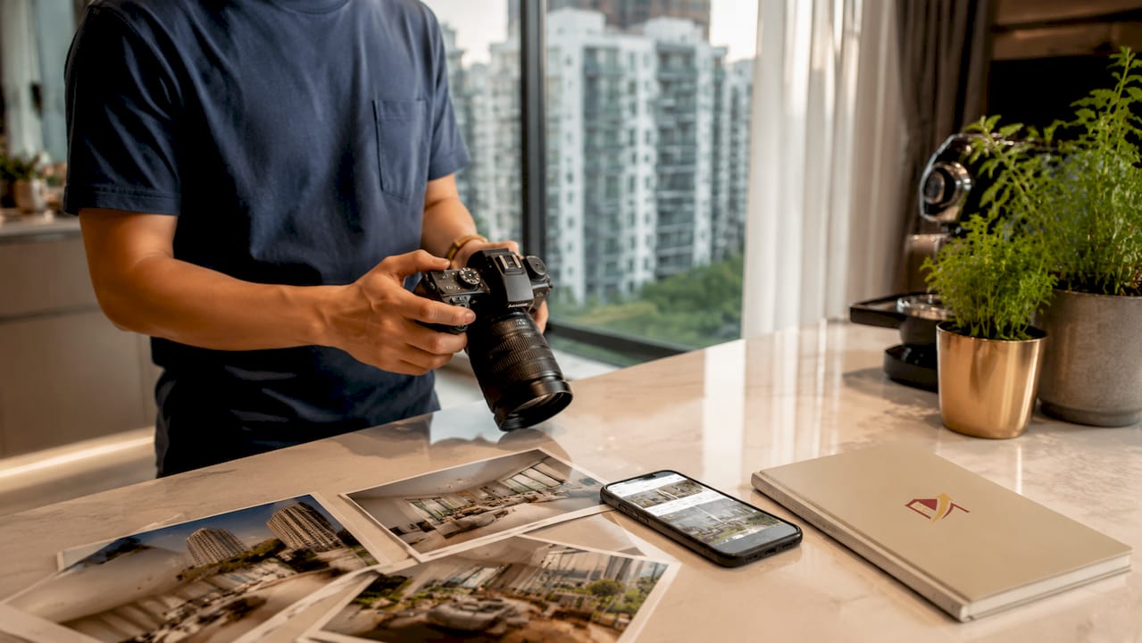 Photographer preparing property photoshoot indoors