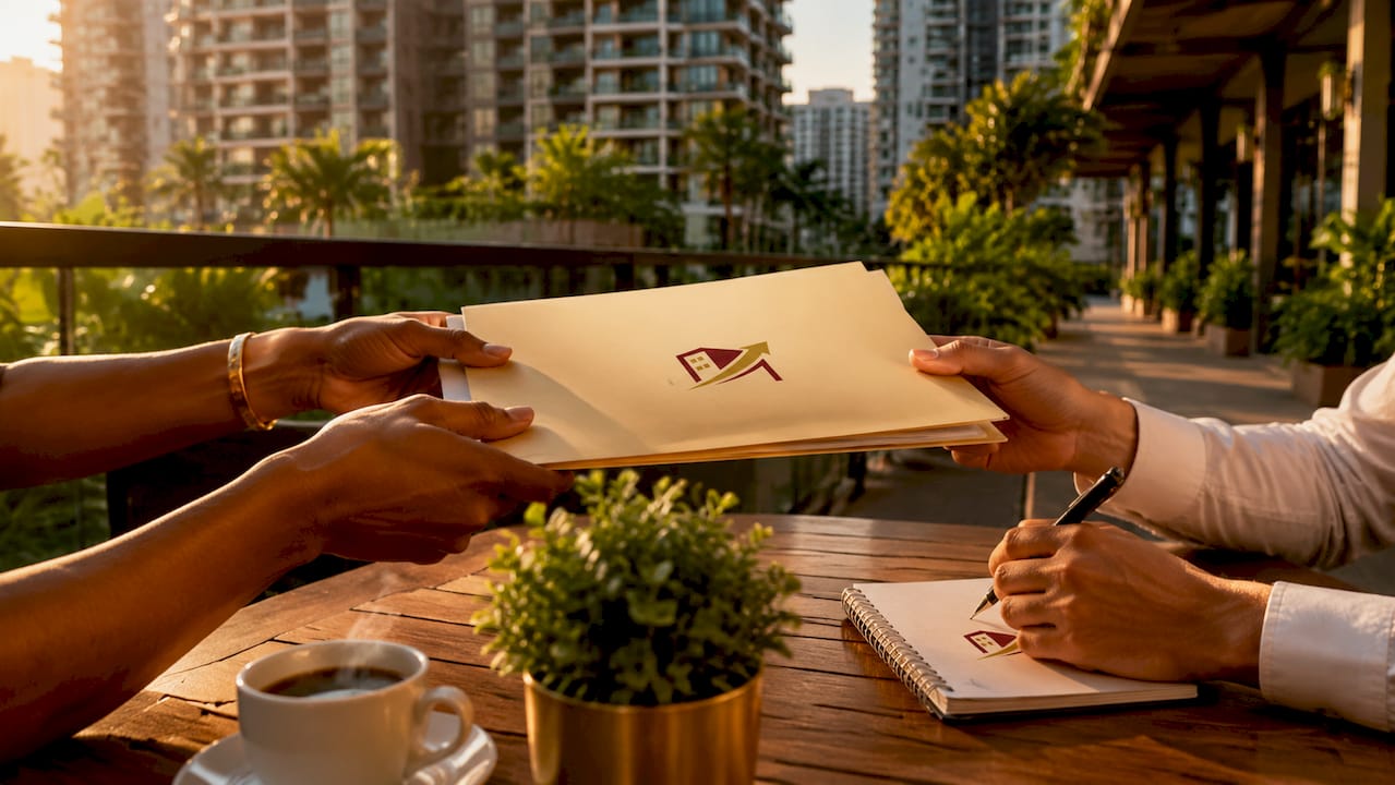 Close-up hands exchanging real estate commission documents