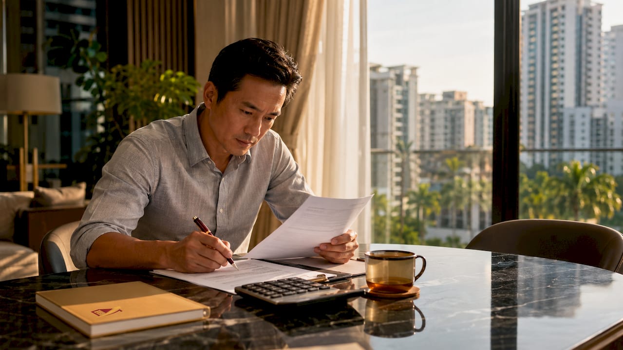 Hands reviewing sales contract and calculator