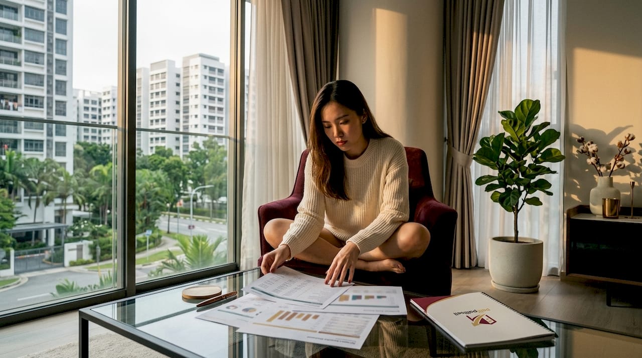 Hands analyzing HDB pricing documents on bed