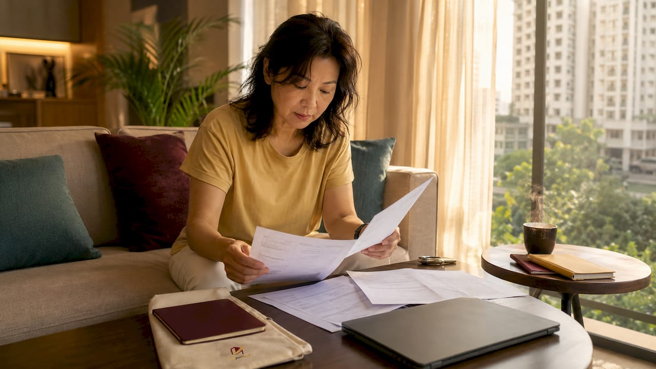 Woman reviewing HDB resale paperwork at home