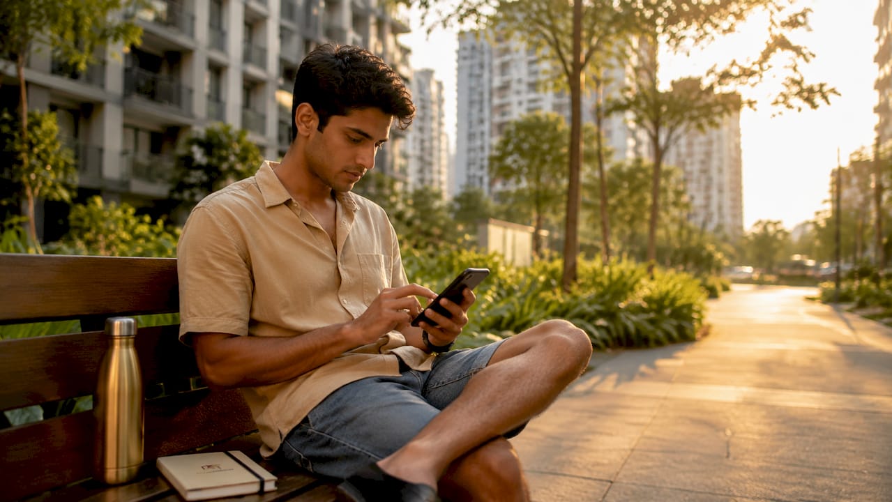 Close-up of hands using real estate app on smartphone