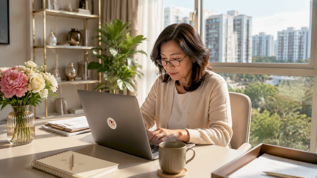 Woman browsing online property marketplace at home