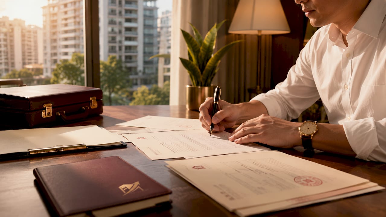 Hands signing HDB resale legal papers