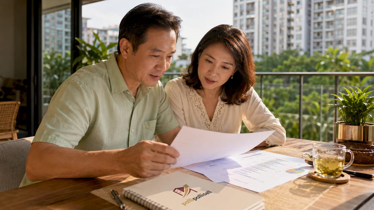 Couple reviewing property sale documents at home