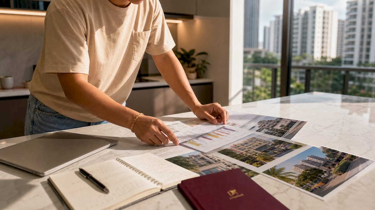 Hands organizing pricing charts and photos
