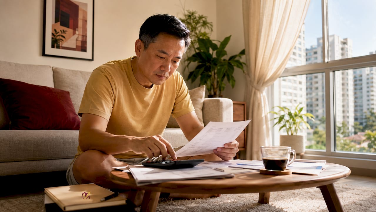 Man calculating HDB sale profit at home