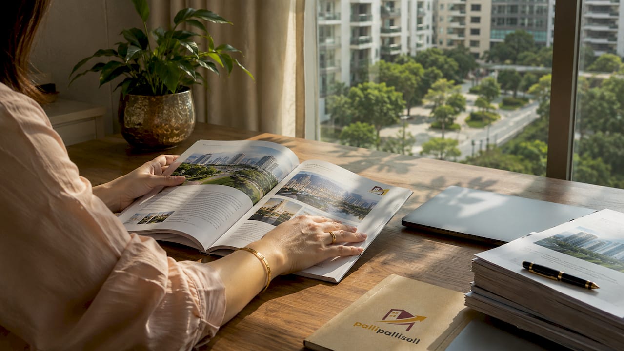 Hands pointing at property guide and reports over table surface