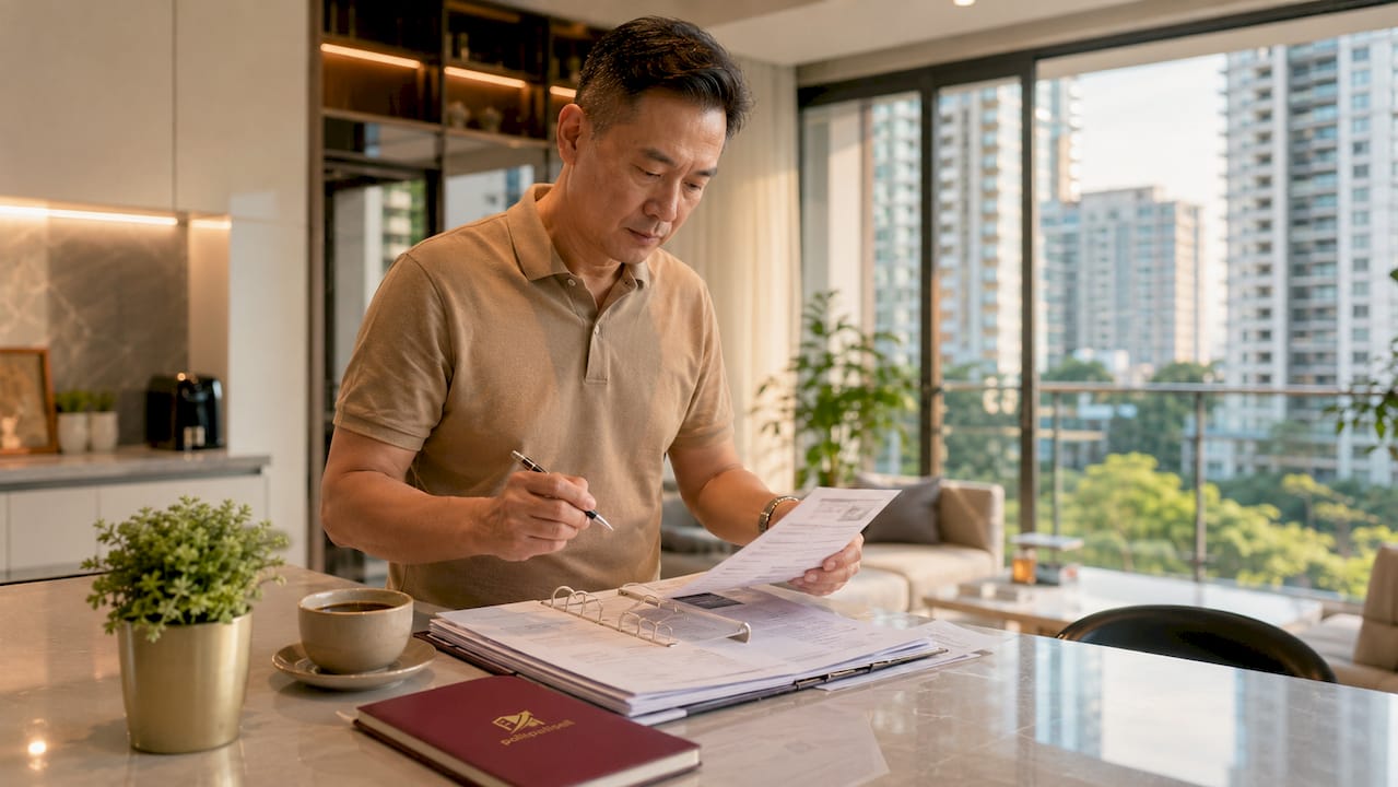 Singapore man reviewing property sale documents at home