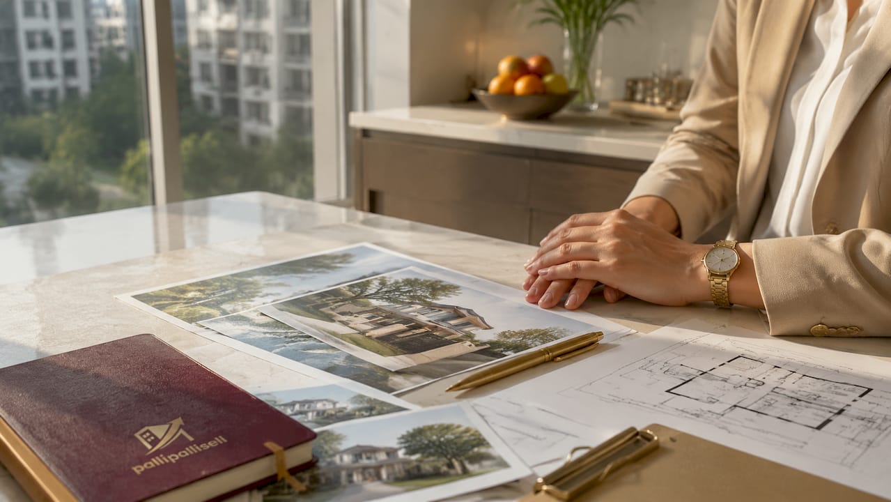 Hands with landed property documents and pen in home office