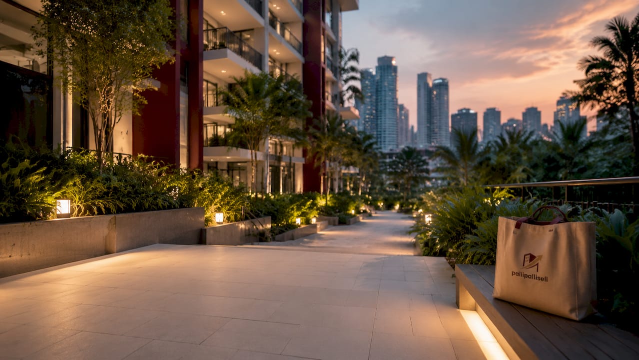 Singapore condominium with tropical landscaping at golden hour