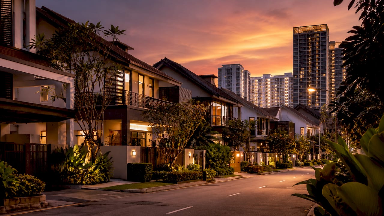 Wide shot of Singapore landed property and condominiums