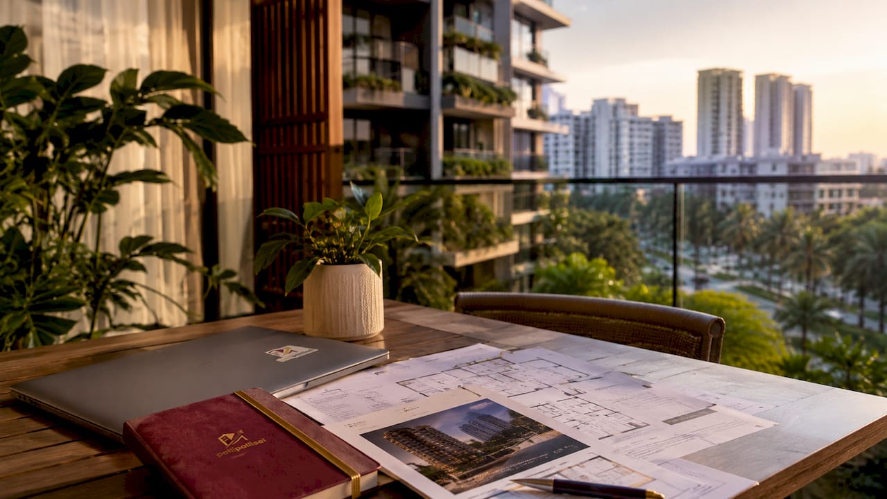 Flat fee agent contract and luxury desk setup in Singapore apartment