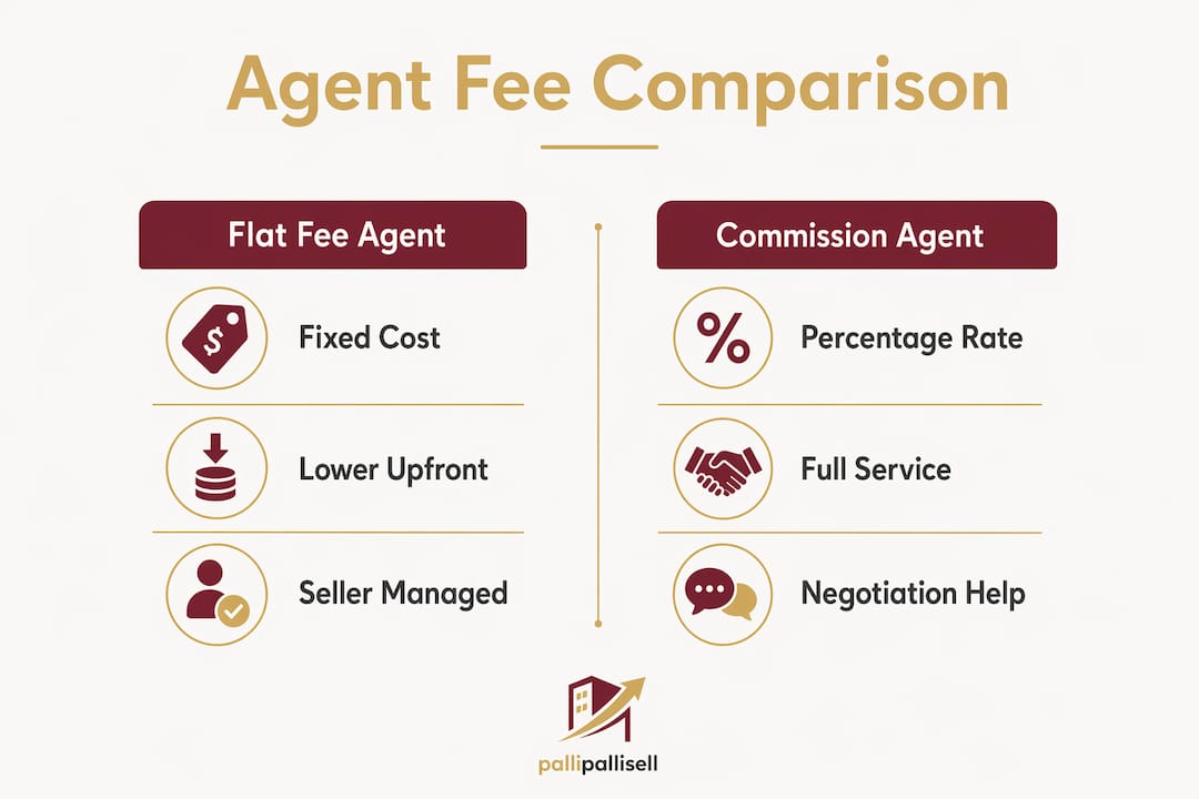 Infographic comparing flat fee and commission agent services and fees