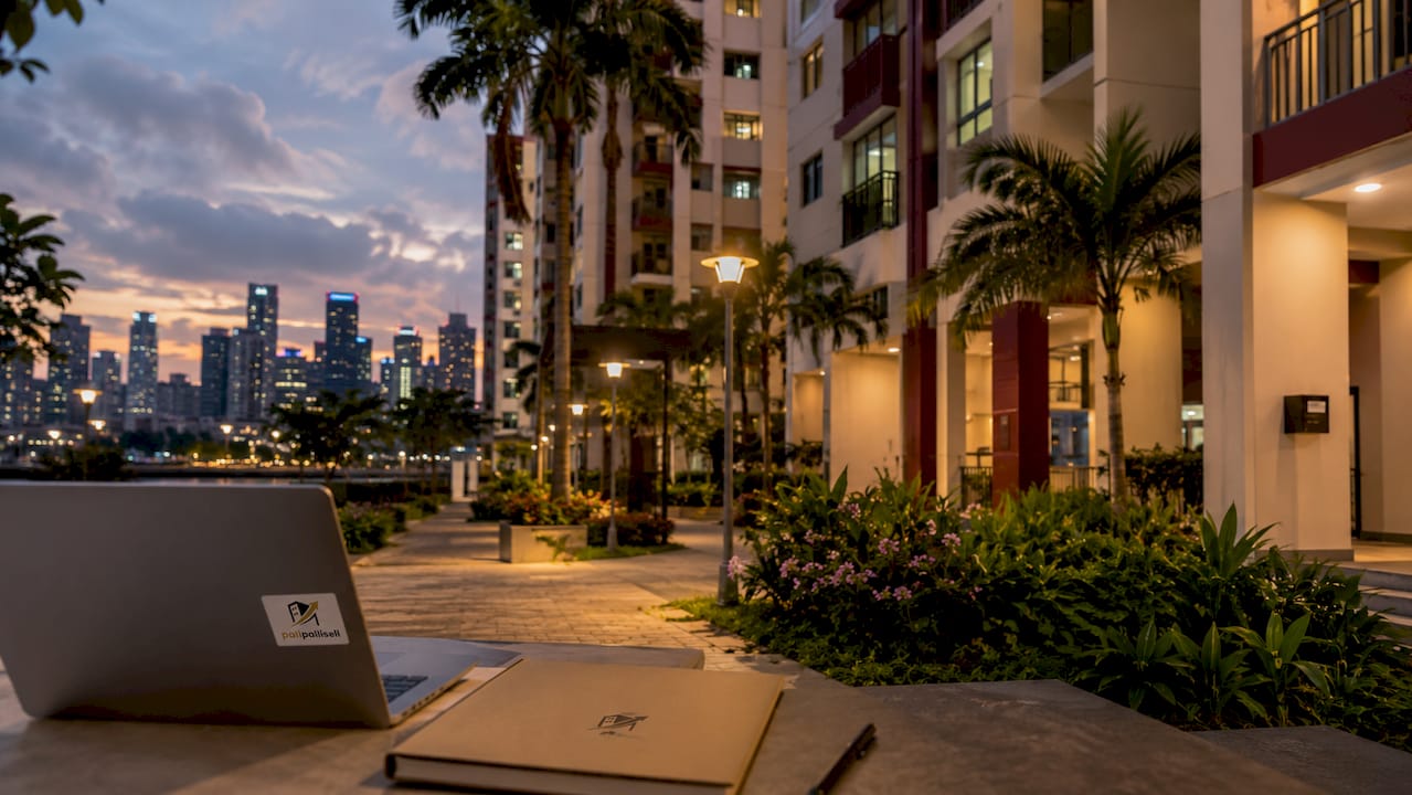 Modern Singapore HDB block and landscape at sunset