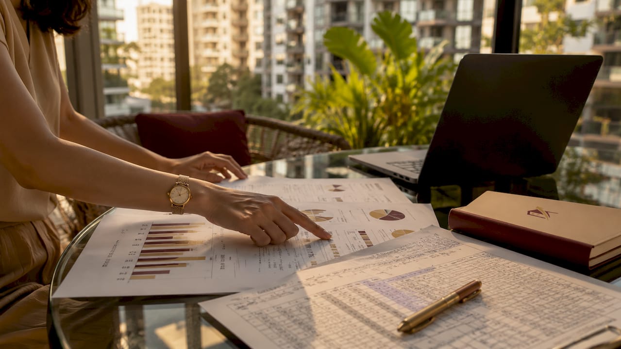 Hands reviewing HDB resale pricing documents on desk