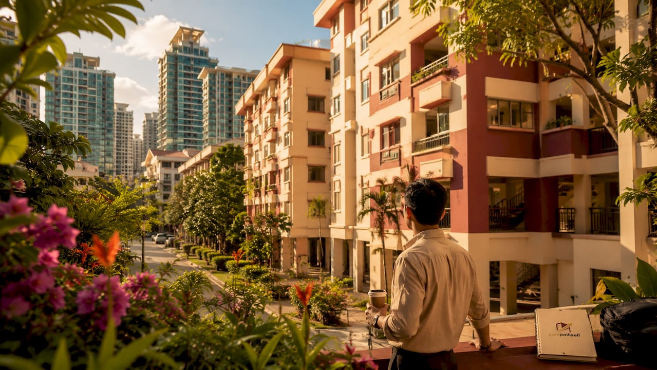 Modern Singapore HDB and condo neighborhood golden hour