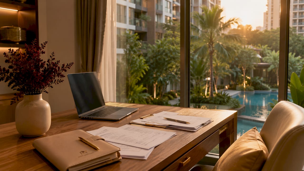 Home office desk with property documents and planner