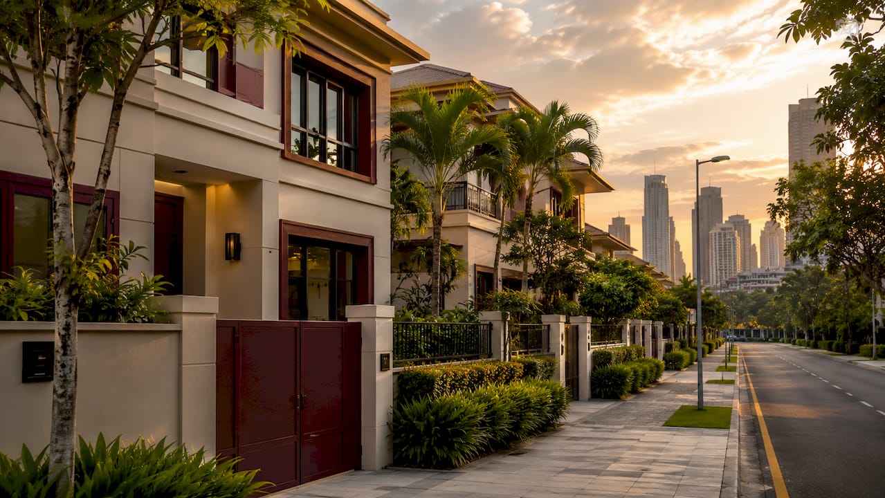 Singapore landed property street in golden hour