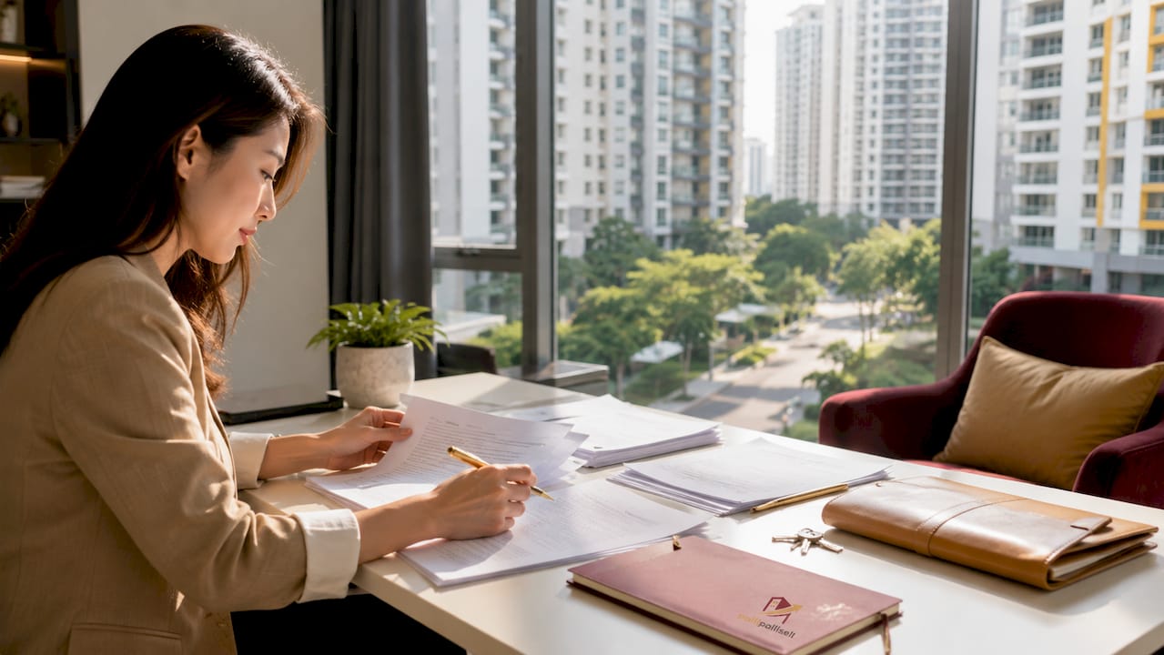 Close-up of landed property sale documents on table