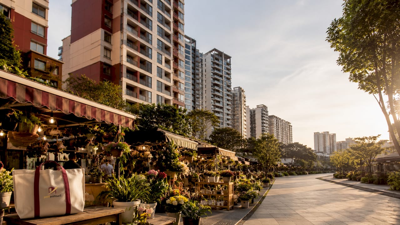 Modern Singapore condominium with tropical street scene