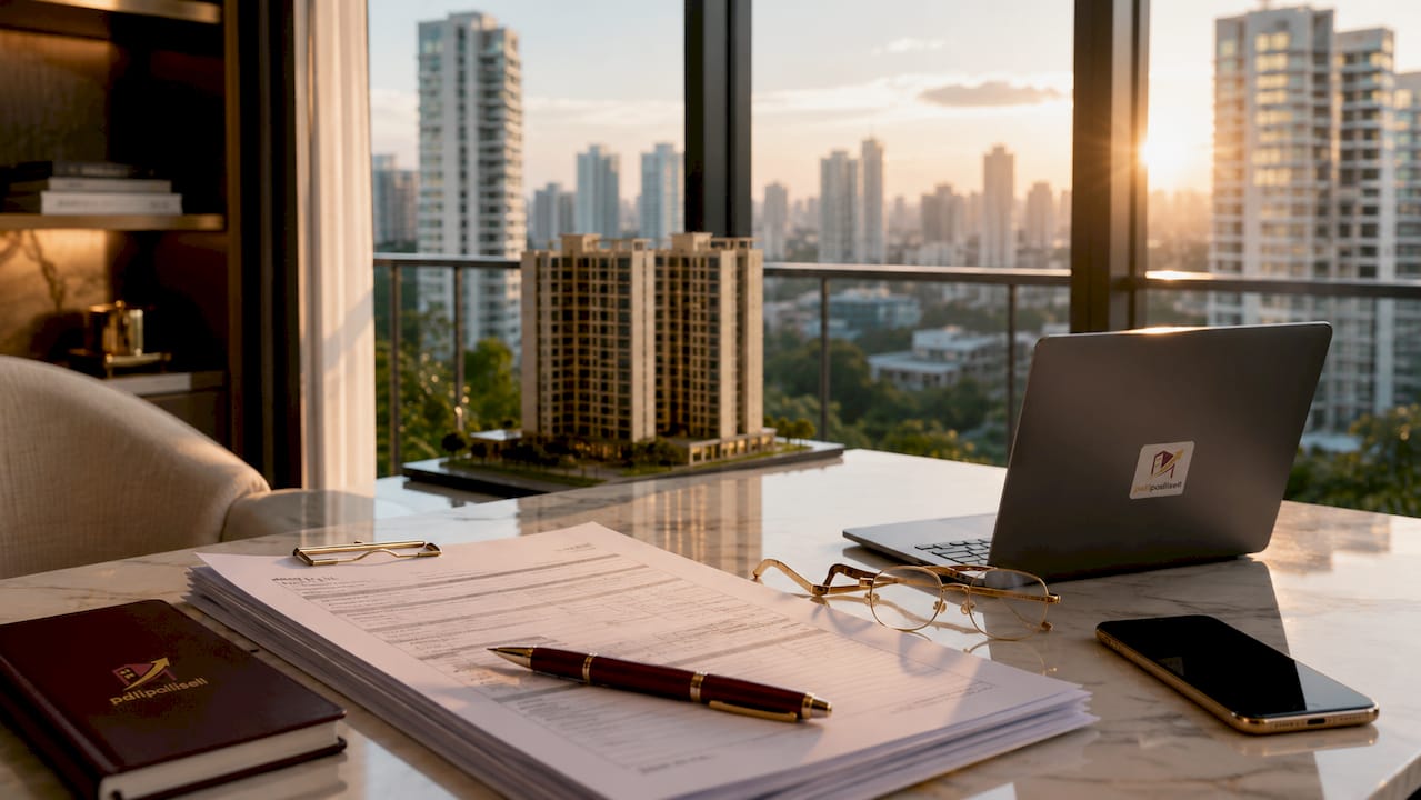 Close-up of real estate commission documents on table