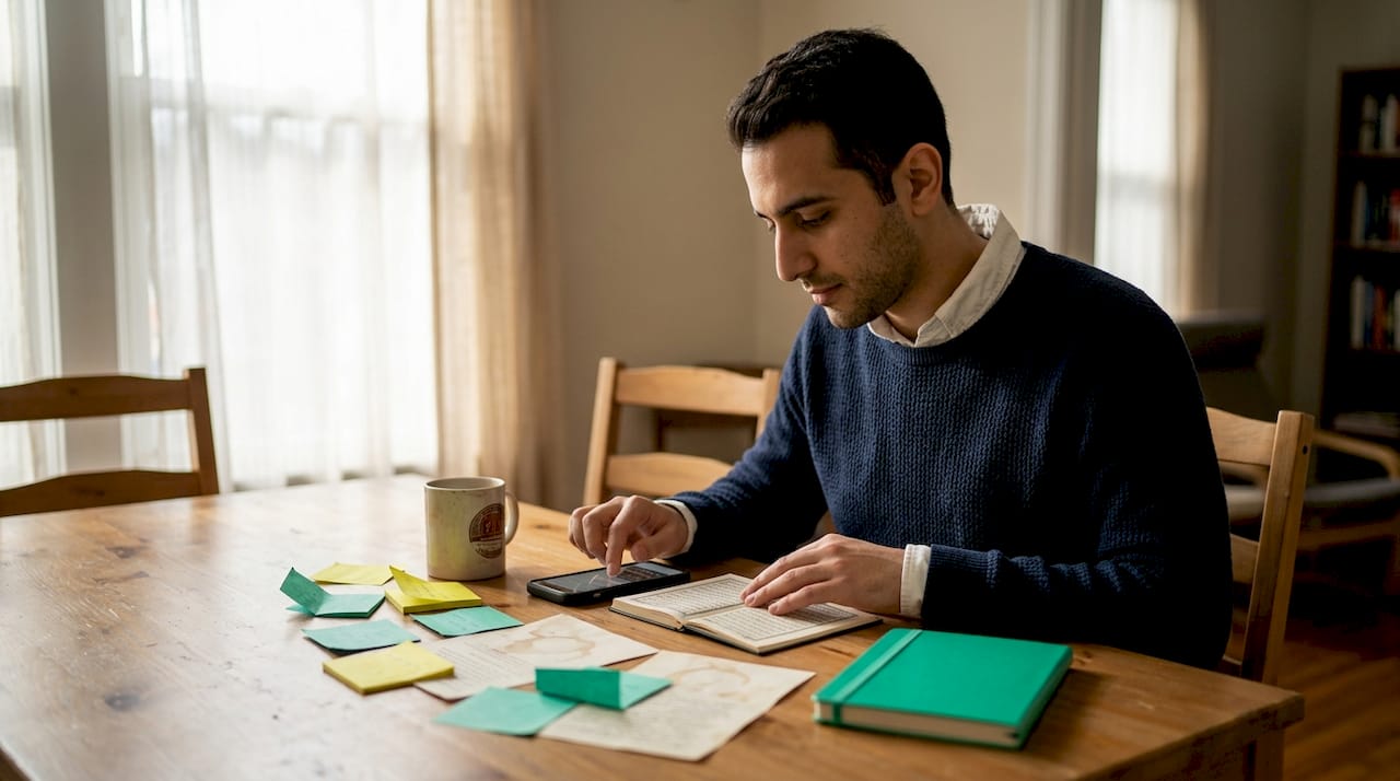 Young man practicing stress management via Islamic methods