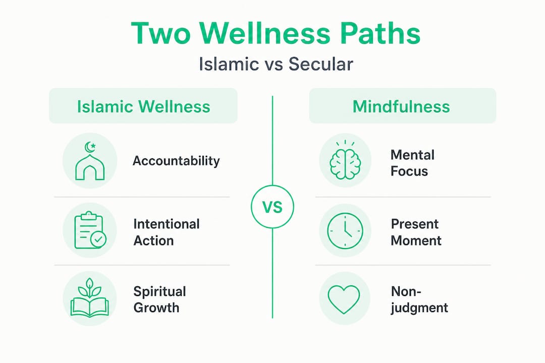 Infographic contrasting Islamic wellness vs secular mindfulness