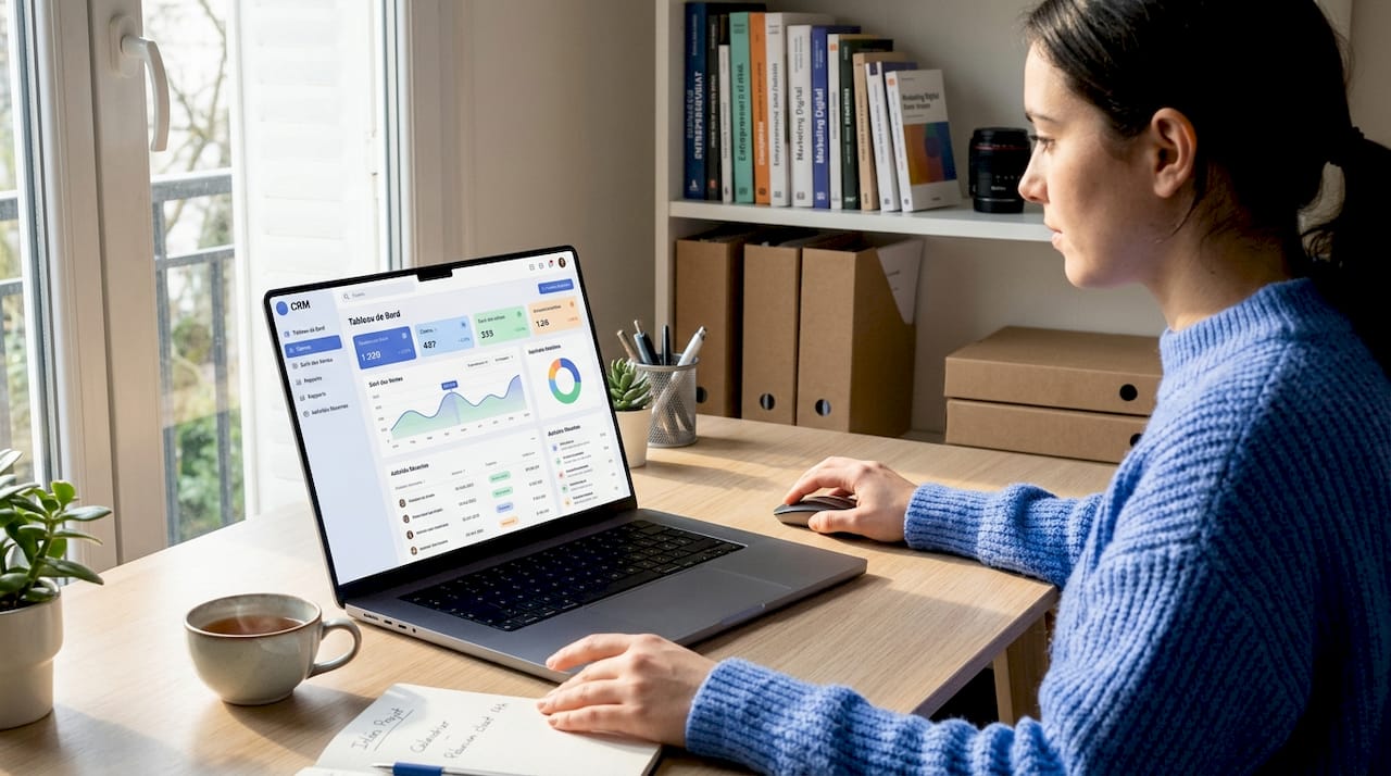 Vue d’un écran CRM où un freelance gère sa prospection commerciale grâce à un logiciel dédié.