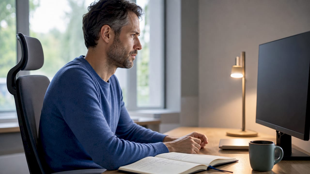 Un homme s’installe chez lui pour organiser sa journée de travail en freelance.