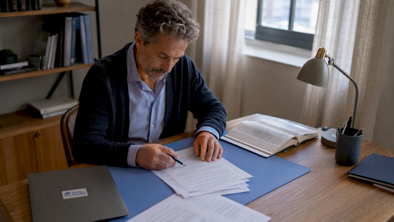 Un homme examine attentivement les documents liés à son contrat de prestation en freelance.