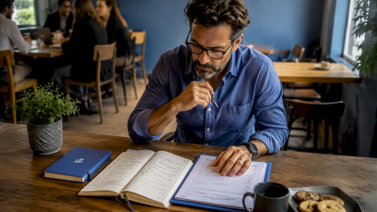 Un homme vérifie et classe soigneusement ses contrats de freelance sur son bureau.