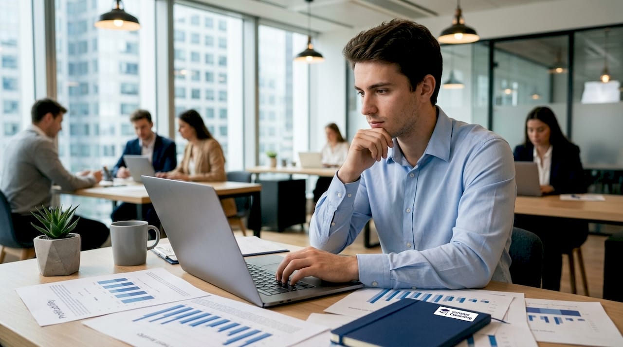 Des mains s’activent sur un clavier d’ordinateur dans un espace de coworking animé.
