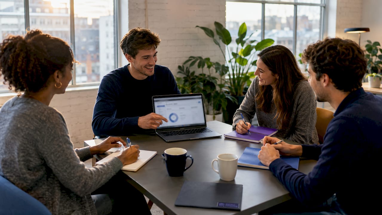 Une équipe de startup échange autour d’un ordinateur affichant le tableau de bord CRM, optimisant ainsi leur collaboration et leur gestion client.