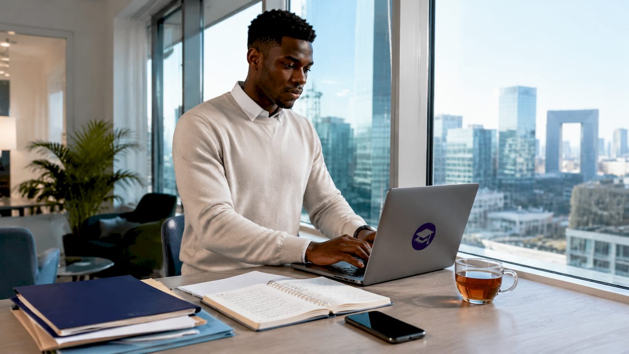 Un freelance en pleine activité, debout dans un open space, en train d’organiser son travail.