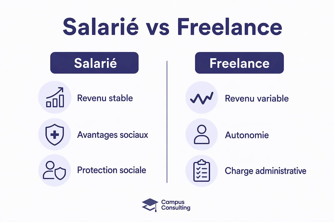 Infographie : les différences entre salarié et freelance, avec les principaux points à retenir