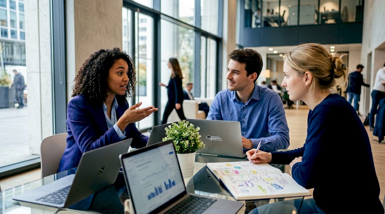 Trois indépendants échangent autour d’un café dans un espace de coworking tendance.