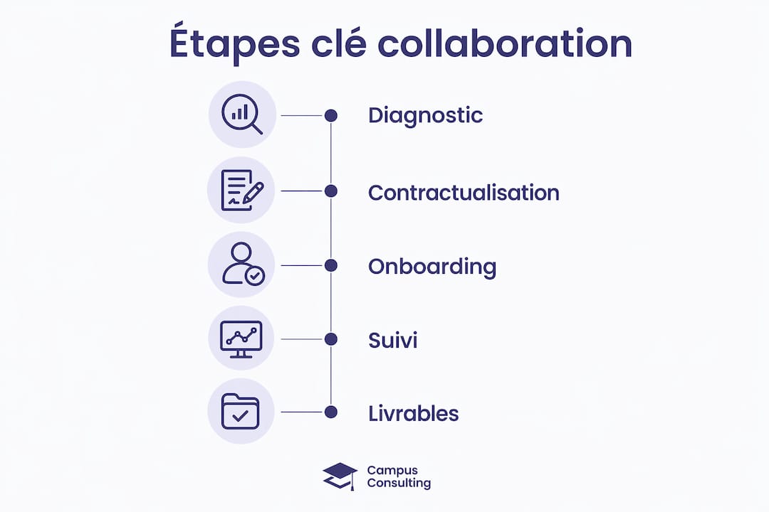 Visuel illustrant les différentes étapes pour travailler efficacement avec un freelance
