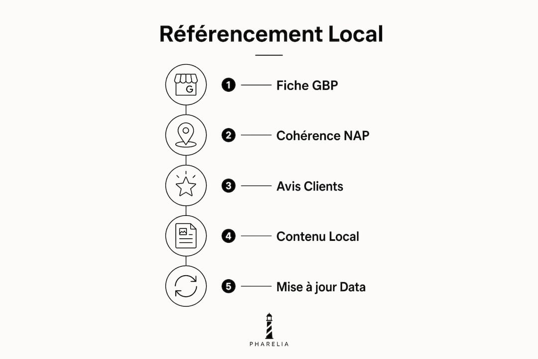 Visuel vertical présentant les grandes étapes pour réussir son référencement local