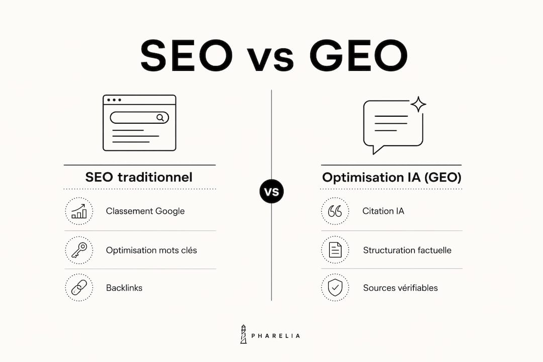Infographie : les différences entre le référencement classique et l’optimisation GEO par intelligence artificielle